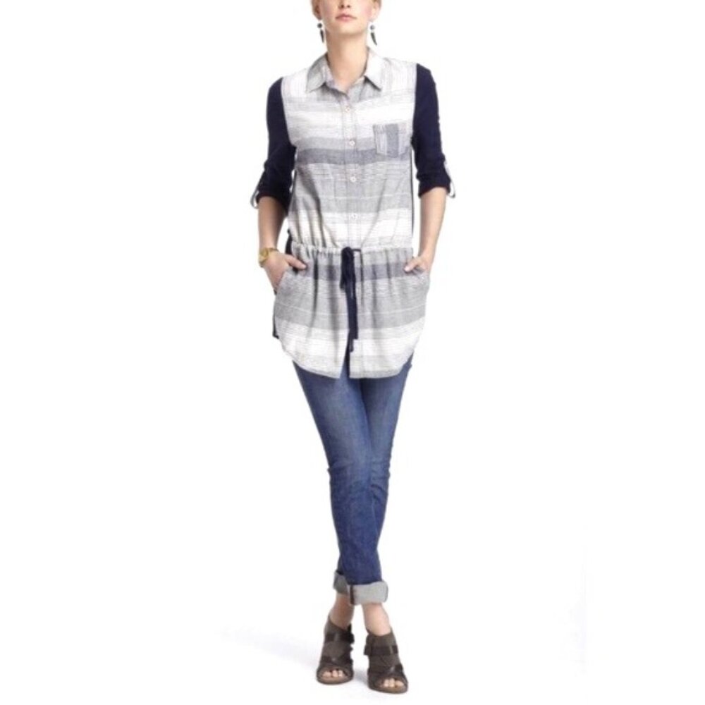 POSTMARK x ANTHROPOLOGIE Rowena Stripe Linen & Knit Tunic Top Navy\Ivory SM